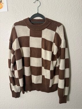Amazon Checkerboard Crewneck Sweater in Brown and Cream